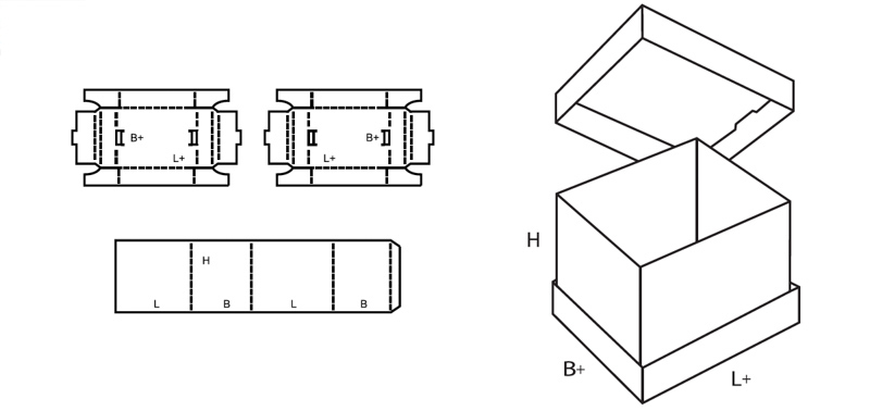 Stuelpschachtel Verpackung FEFCO 0314 Rumpfbodenschachtel mit krempelbarem Boden und Deckel technische Zeichnung